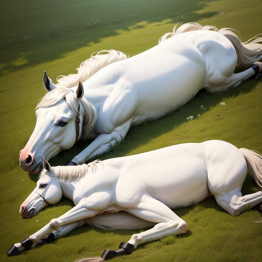 horse in the field, he is hurt, the horse is white. the horse is lying down