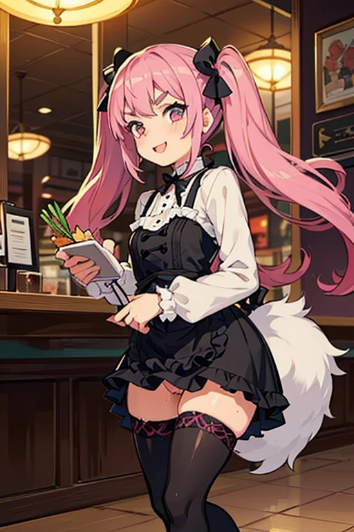 young girl with pink hair long twin-tail hairstyle, small thick eyebrows, with gothic ta clothes, loli(Zankuro) drawing style of the zankuro artist, Zancrow style, image uploaded to R34, walking in the mall, flirty smile , suddenly having sex in public, ((doggy style sex)) , ((public sex in restaurant)) naked ass on male crotch