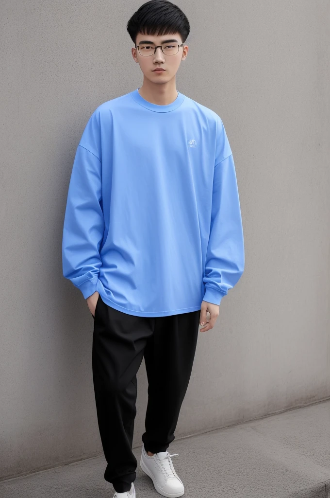 21 year old Beijing boy, he is wearing a oversize xxl blue plain t-shirt long Sleeve, he is wearing black trousers, he is wearing sneakers, he is wearing glasses, city, full body, he is buzz cut Hair, foot, walking
