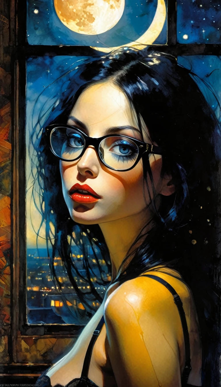 very sexy girl, long black hair, glasses, lingerie, small breasts, lascivious look, large window with a view of the night, stars, moon, (art inspired by Bill Sienkiewicz). oil painting) (best quality,4k,8k,highres,masterpiece:1.2),ultra-detailed,(realistic,photorealistic,photo-realistic:1.37),intricate details,vivid colors,sharp focus,professional,Dave McKean artwork, oil touch of surrealism,oil painting style,portrait,woman,beautiful detailed eyes,beautiful detailed lips,dreamlike atmosphere,shadow play,soft lighting,playful pose
