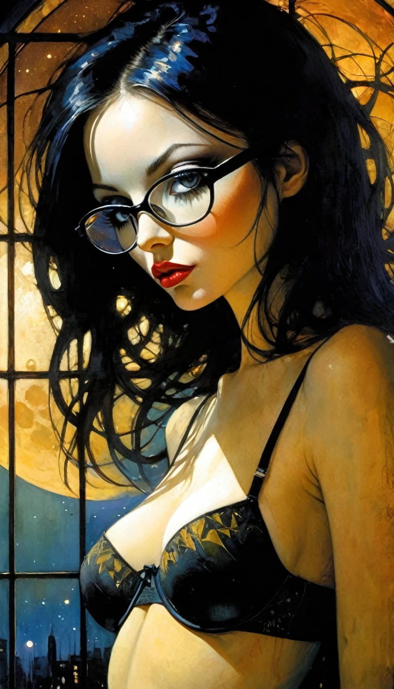 very  girl, long black hair, glasses,  and , pronounced , small ,  look, beer, large window with views of the night, stars, moon,(art inspired in Bill Sienkiewicz). oil painting) (best quality,4k,8k,highres,masterpiece:1.2),ultra-detailed,(realistic,photorealistic,photo-realistic:1.37),intricate details,vivid colors,sharp focus,professional,Dave McKean artwork, oil touch of surrealism,oil painting style,portrait,woman,beautiful detailed eyes,beautiful detailed lips,dreamlike atmosphere,shadow play,soft lighting,playful pose
