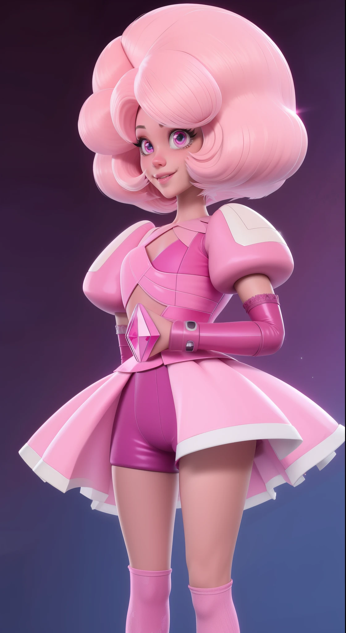 pnkdamond, pink hair, pink eyes,  long hair,  stomach gem,  pink skin,  toned, 
puffy short sleeves, elbow gloves ,  white thighs,   Puffy dress, 
standing, Upper part of the body, 
 outer space,  
(incredibly detailed, beautiful detailed face,Beautiful detailed eyes, Masterpiece, Best Quality) cinematic lighting,  SMILE, 
 