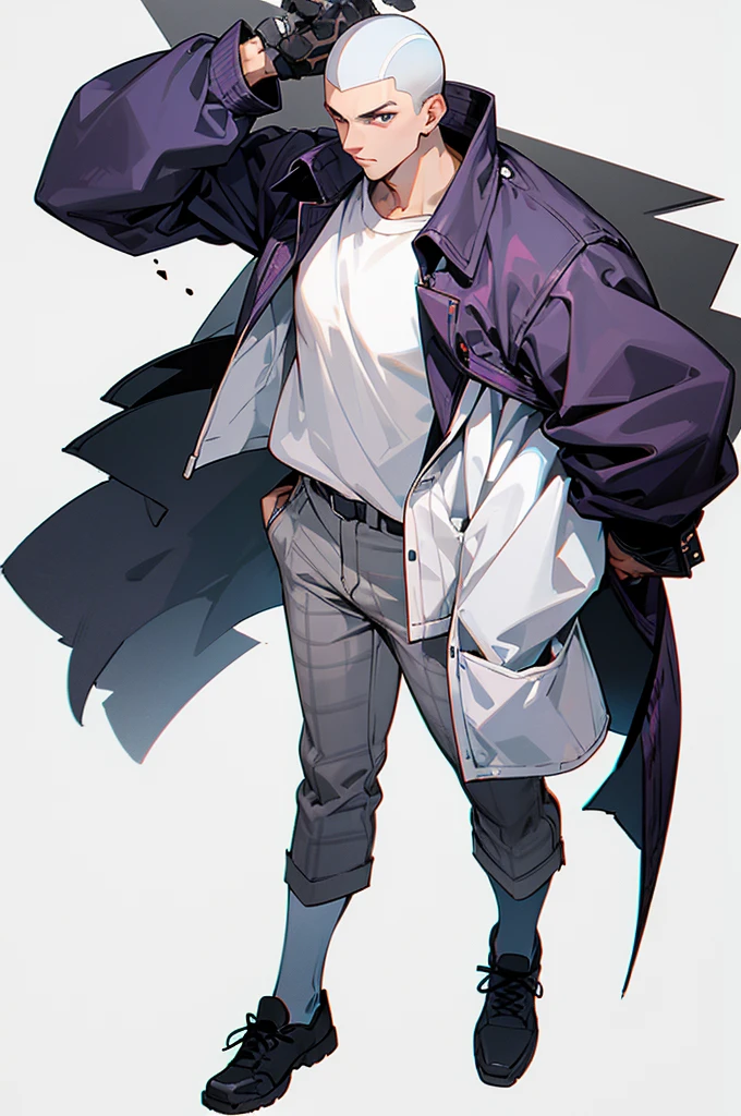 a man with a man with a buzz cut white curly hair he is wearing a gray Lumberjack shirt over a white shirt in a white background, full body, sharp edges, big baseball jacket,