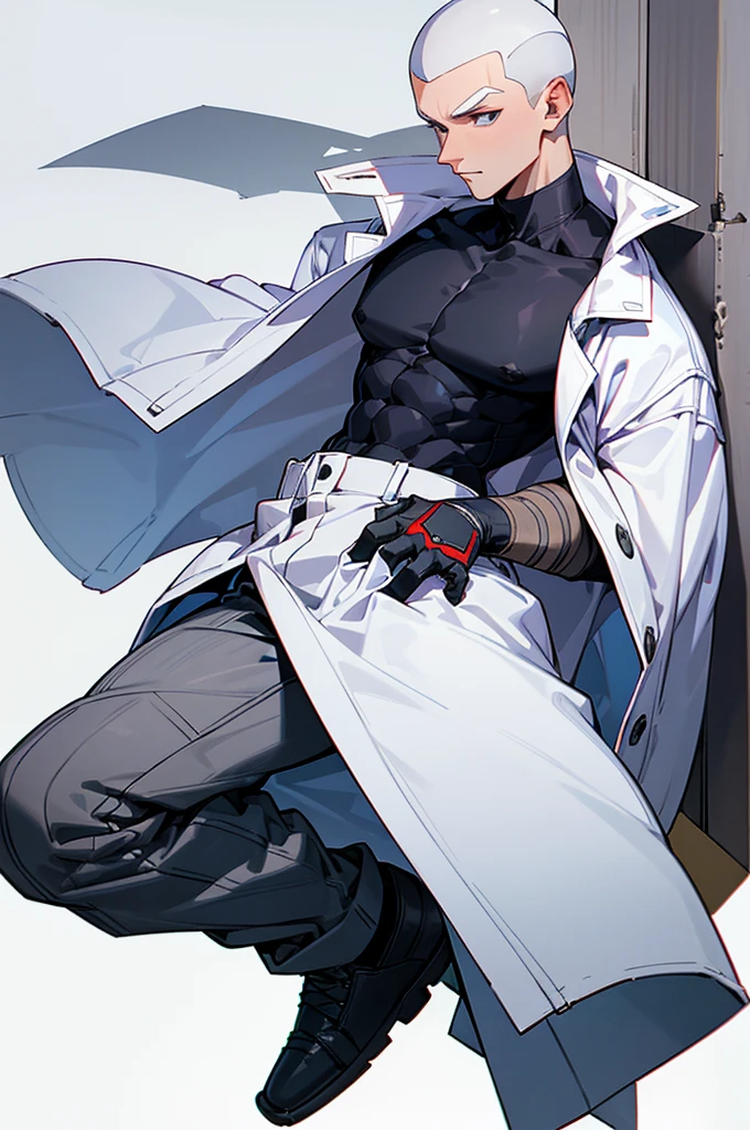 young man, {( (face) similar to Shinji Ikari)}, ((youthful)), (passionate),  (softhearted), (socially awkward), (meek), (bashful), (dorky), (doglike), 19-year-old, ( (combed) parted (dark brown hair) ), (glossy light skin), ( ((big)) ((tired)) (green eyes) ), (((doctor))), (((fighter))),  ( (skintight) (long sleeve) (black) ((compression shirt)) ), ( (tight) (dark gray) ((compression pants)) ),  ( (brown) ((combat boots)) ), ( (tight) (light gray) ((lab coat)) (with buttons) ), (huge bulge in pants), tall, ripped, shredded, amazing physique, strong body, toned abs, big round shoulders, toned quadriceps, well-toned muscles, well-trained muscles, powerful muscles, peak condition, vascular, high muscle mass, sweating, sweaty, training in a dojo alone, tense atmosphere, amazing lighting, backlight, ((masterpiece)), ((full shot)), ((90s anime))