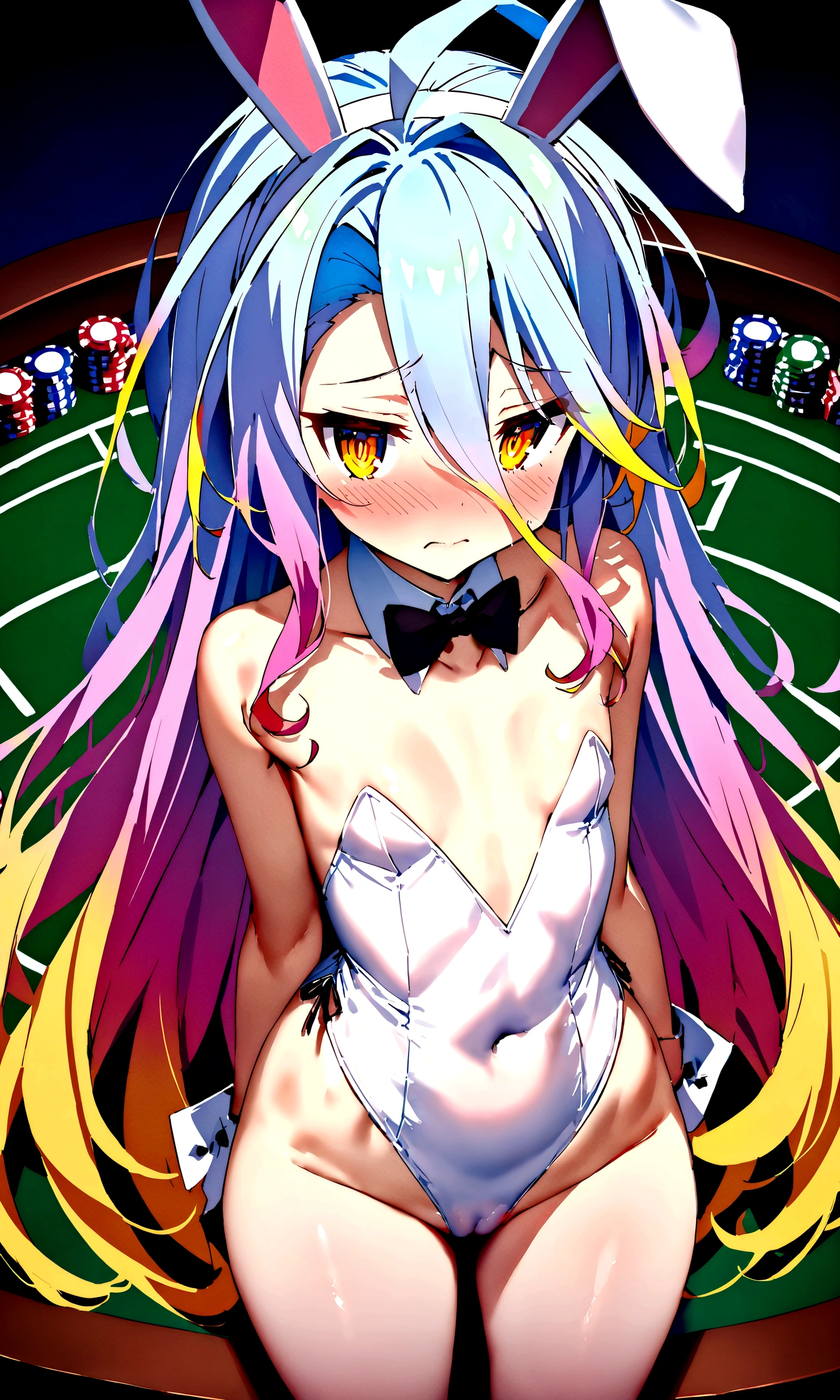 NSFW,masterpiece,Highest quality,High resolution,Super detailed,Shiro \(no game No life\),Long Hair,Multicolored Hair,Hair between the eyes,Gradient Hair,Yellow Eyes,Flat Chest,Bunny ears,Playboy Bunny,casino,Embarrassed,blush,Are standing,
