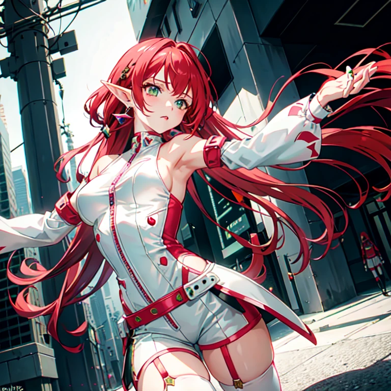 a girl,Elf,long red hair,green eyes,melancholy,earrings,Fashionable clothing,Cyberpunk style,White and pink sleeveless bodysuit,Super detailed zipper,pink arm sleeves,white shorts,black knee socks,White booties,dynamic poses,sci-fi landscape,best picture