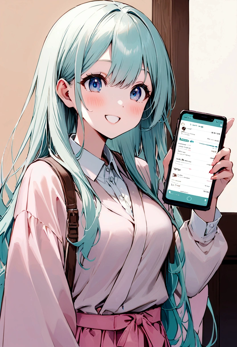 Background of the Stock Investment Chart Japanese 20th generation woman holding a smartphone Long hair smiles