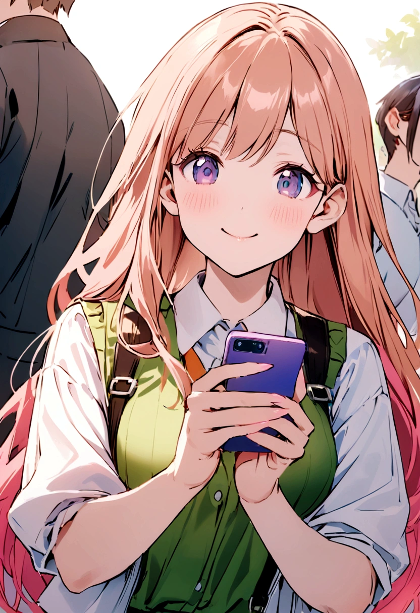 Background of the Stock Investment Chart　Japanese　20th generation　woman　holding a smartphone　Long hair smiles