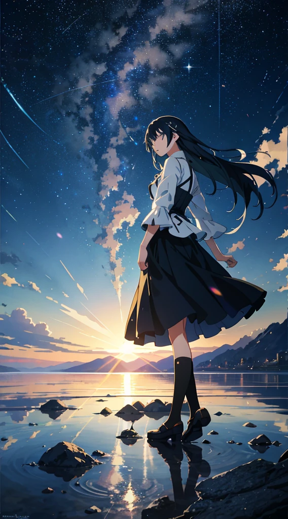 High quality masterpiece, landscape, anime train passing through bodies of water on tracks, bright starry sky. Romantic train, pixiv, concept art, lofi art style, reflection. by Makoto Shinkai, lofi art, Beautiful anime scene, Anime landscape, detailed scenery —width 672, in style of Makoto shinkai, style of Makoto shinkai, ノーガール、enhanced details.