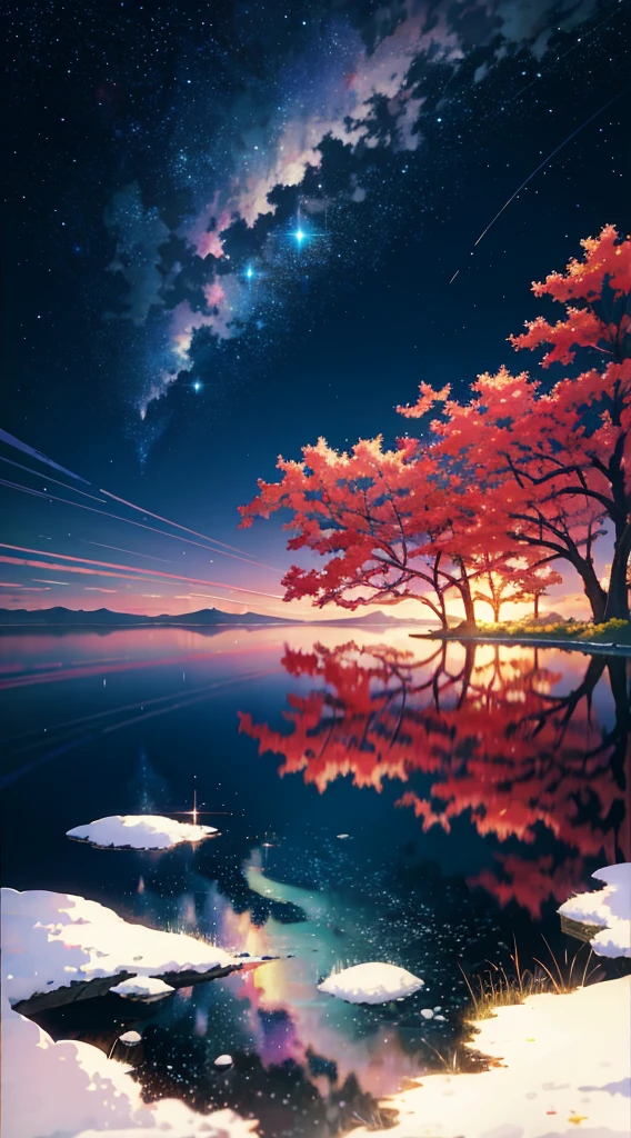 High quality masterpiece, landscape, anime train passing through bodies of water on tracks, bright starry sky. Romantic train, pixiv, concept art, lofi art style, reflection. by Makoto Shinkai, lofi art, Beautiful anime scene, Anime landscape, detailed scenery —width 672, in style of Makoto shinkai, style of Makoto shinkai, ノーガール、enhanced details.