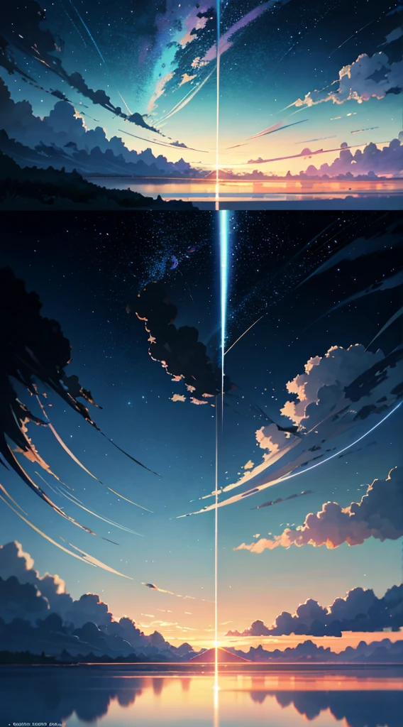 High quality masterpiece, landscape, anime train passing through bodies of water on tracks, bright starry sky. Romantic train, pixiv, concept art, lofi art style, reflection. by Makoto Shinkai, lofi art, Beautiful anime scene, Anime landscape, detailed scenery —width 672, in style of Makoto shinkai, style of Makoto shinkai, ノーガール、enhanced details.
