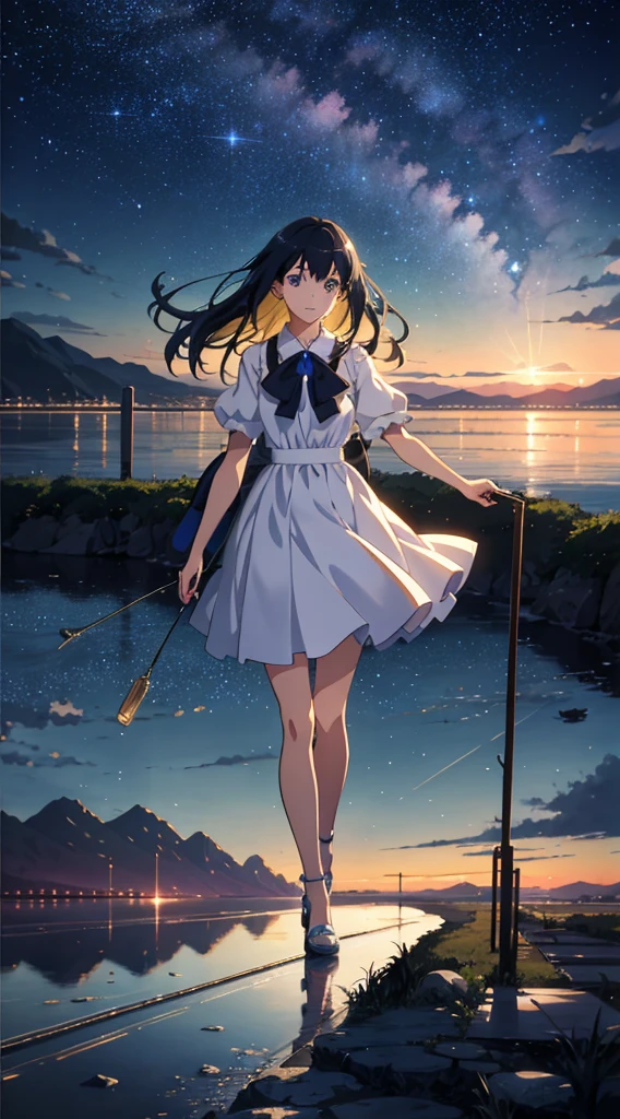 High quality masterpiece, landscape, anime train passing through bodies of water on tracks, bright starry sky. Romantic train, pixiv, concept art, lofi art style, reflection. by Makoto Shinkai, lofi art, Beautiful anime scene, Anime landscape, detailed scenery —width 672, in style of Makoto shinkai, style of Makoto shinkai, ノーガール、enhanced details.