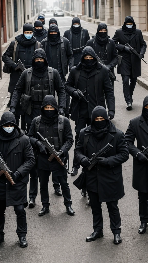 A group of 15 men, faces obscured by masks, with guns and prepared for robbery