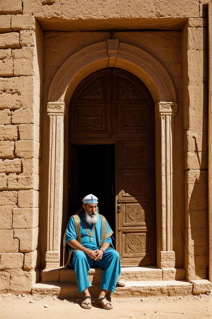 A Jewish king from biblical times sits and looks at the entrance to a city in the Judean desert through which a Jewish messenger from biblical times runs in.