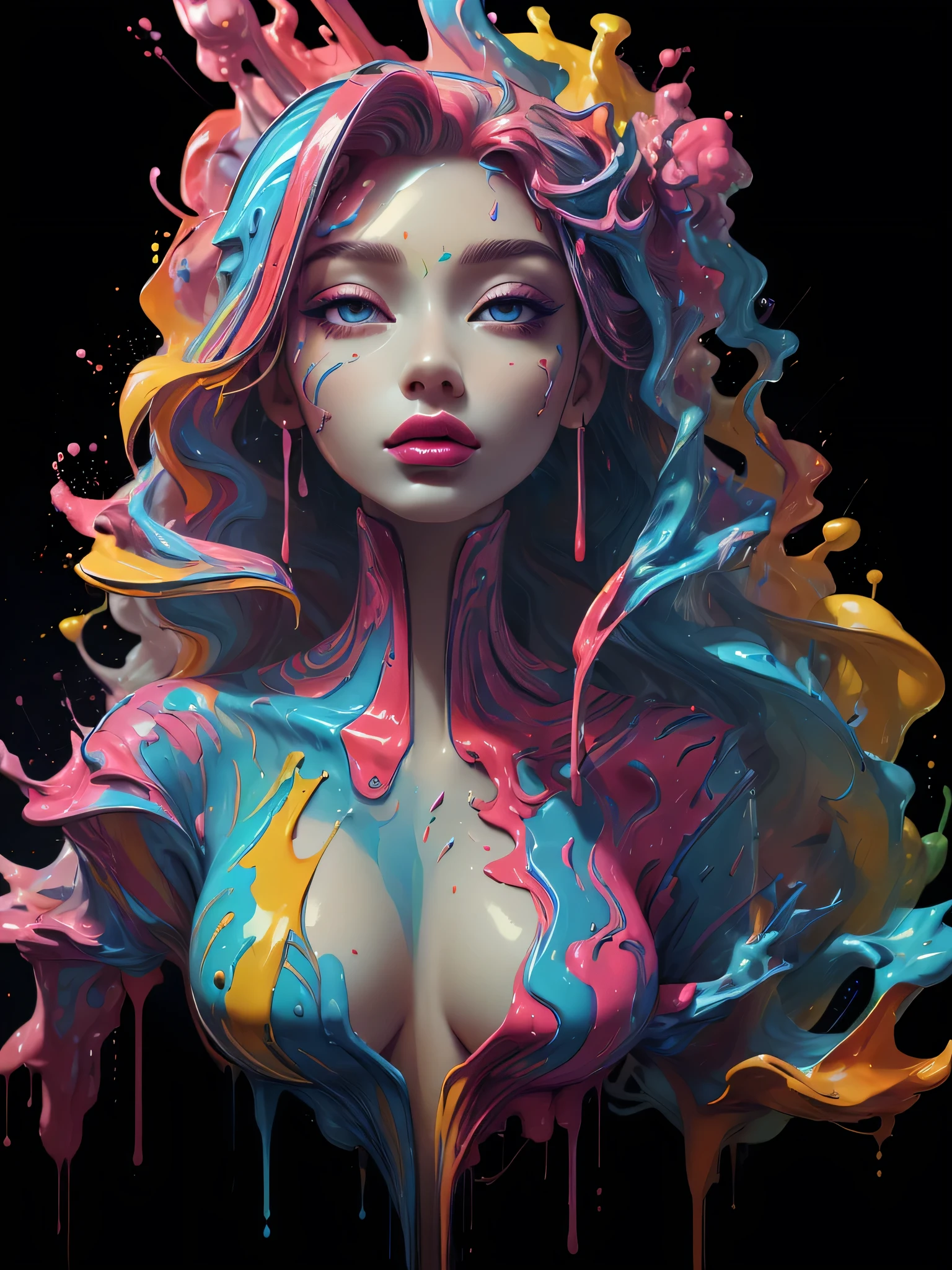 (masterpiece, top quality, best quality, official art, abstract aesthetic),solo,(1girl),(upper body|full body),a woman with colorful lipstick,psychedelic dripping colors,small breasts,best of behance,inspired by Alberto Seveso,smooth digital artwork,behance art,stunning digital art,beautiful acrylic fluid portrait,cgsociety saturated colors,photorealistic digital arts,trending digital art,surrealistic digital artwork,glossy digital painting,exquisite digital fashion photography,uhd,