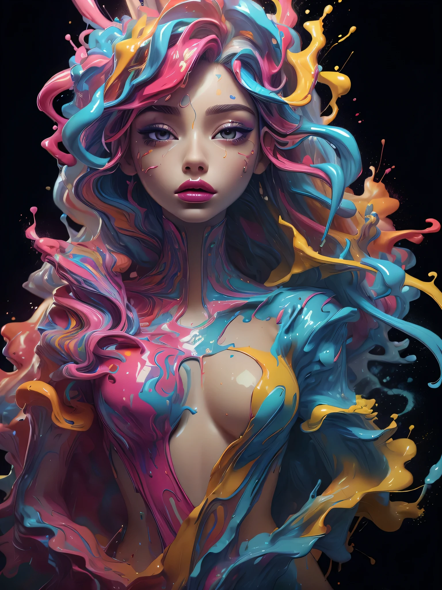(masterpiece, top quality, best quality, official art, abstract aesthetic),solo,(1girl),(upper body|full body),a woman with colorful lipstick,psychedelic dripping colors,small breasts,best of behance,inspired by Alberto Seveso,smooth digital artwork,behance art,stunning digital art,beautiful acrylic fluid portrait,cgsociety saturated colors,photorealistic digital arts,trending digital art,surrealistic digital artwork,glossy digital painting,exquisite digital fashion photography,uhd,