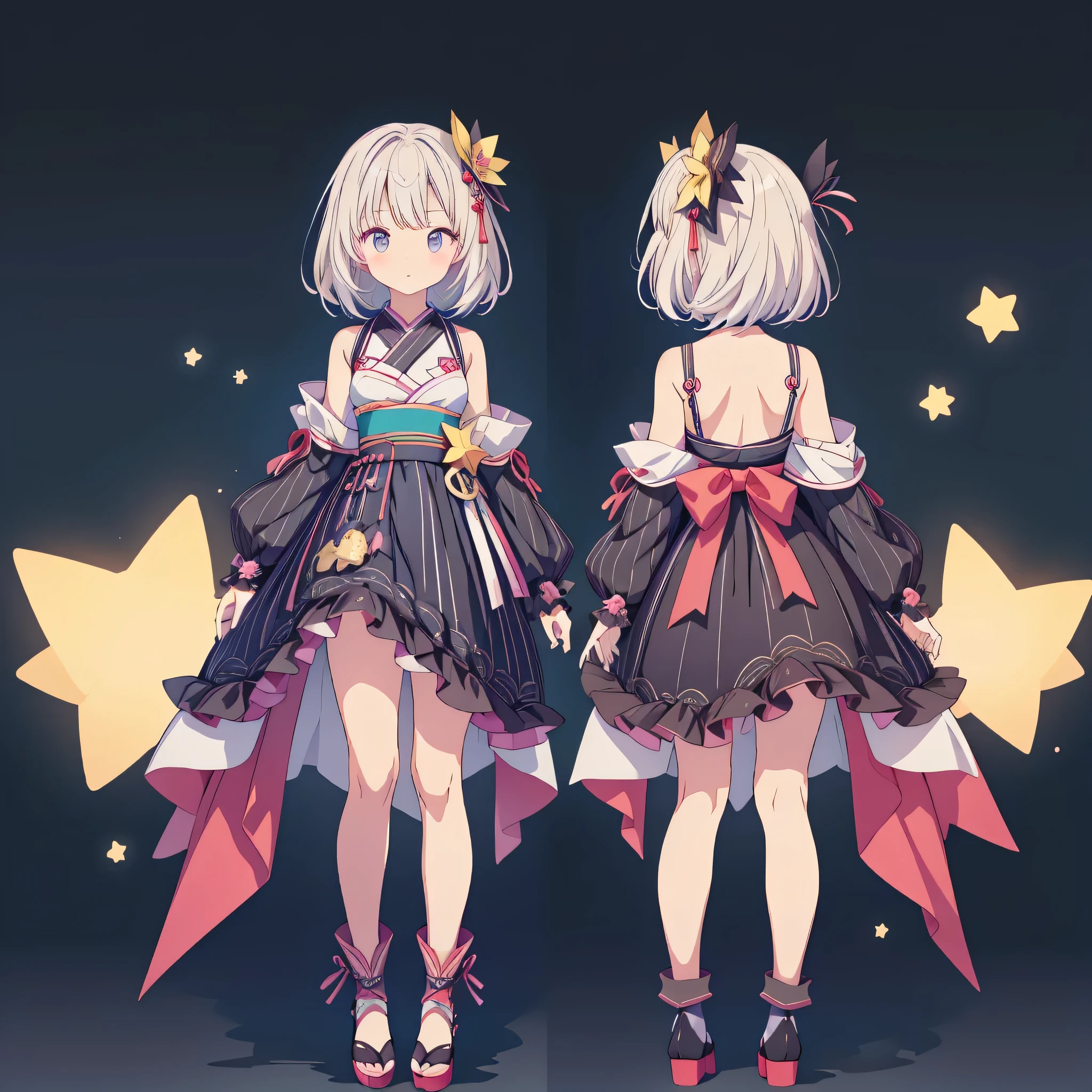 1 Girl,vtuber-fullbody、Character sheet、front, side, Back、best quality、Black and navy yukata and gothic lolita remake in space、宇宙主题的花魁荷叶side连衣裙、potassiumnee-high boots、８potassium,、Star Fairy、masterpiece、Official Art、Very detailed、Super beautiful、Cute Star Fairy、Short straight white hair、