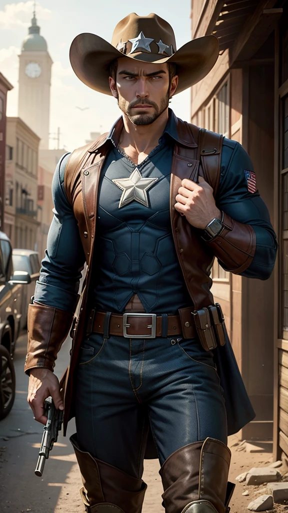 Captain America in Wild West style, wearing Cowboys lather clothes,, Cowboys hat and bring a pistol, in cowboy city, cinematic, extreem realistic, extreem detailed, extreem Sharp, super high resolution image, best quality photo,