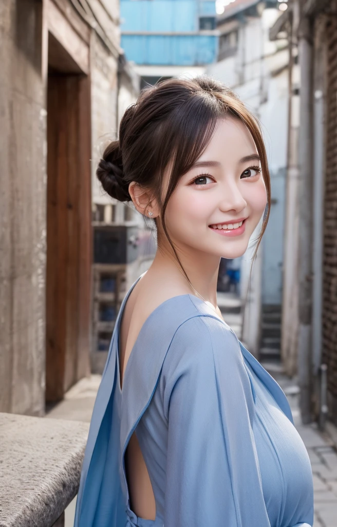 Highest quality、Realistic、girl、zoom、cute、Grey Eyes、Hair Bun、Chestnut Hair、Back to all、the forehead is protruding、Blue Chinese Dress、Looking down、Big smile、thin、Small breasts