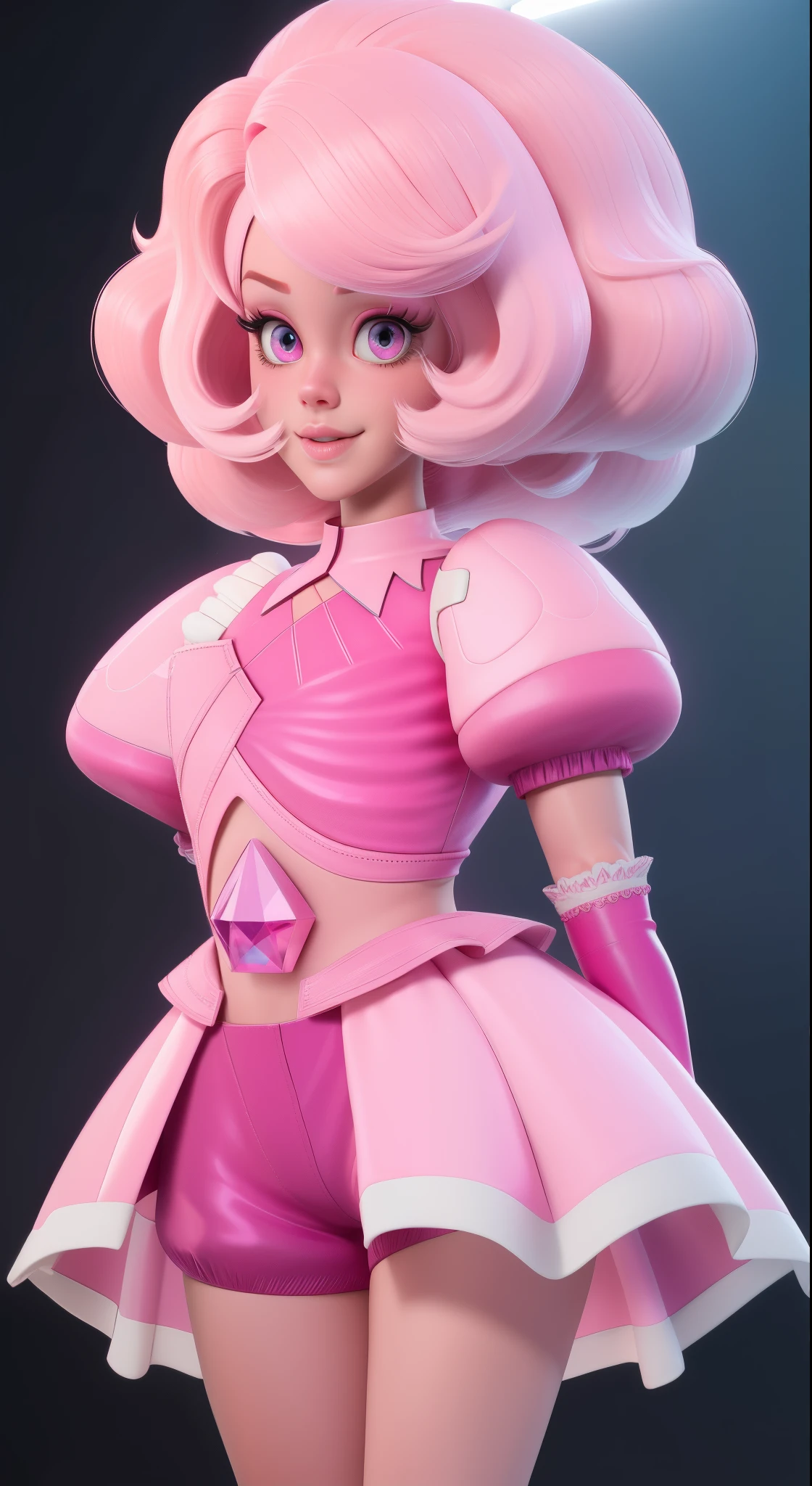 pnkdamond, pink hair, pink eyes, long hair, stomach gem, pink skin, toned,
puffy short sleeves, elbow gloves , white thighs, Puffy dress,
standing, Upper part of the body,
outer space,
(incredibly detailed, beautiful detailed face,Beautiful detailed eyes, Masterpiece, Best Quality) cinematic lighting, SMILE,