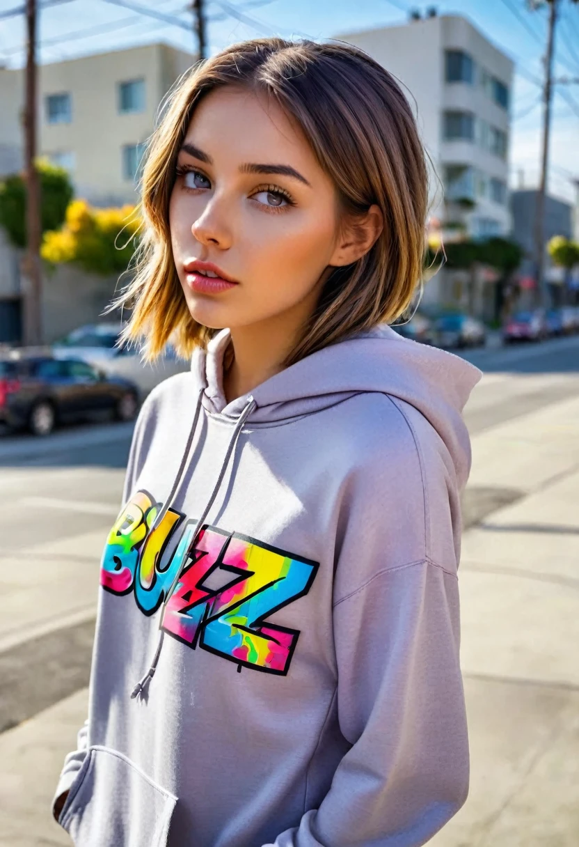 "SEND BUZZ I AM POOR" text, colorful graffiti on hoodie, calygraphic wildstyle bombing, thick lines, a cute european girl wearing a hoodie, looking at viewer, streets of los angeles, instagram photo, closeup shot
