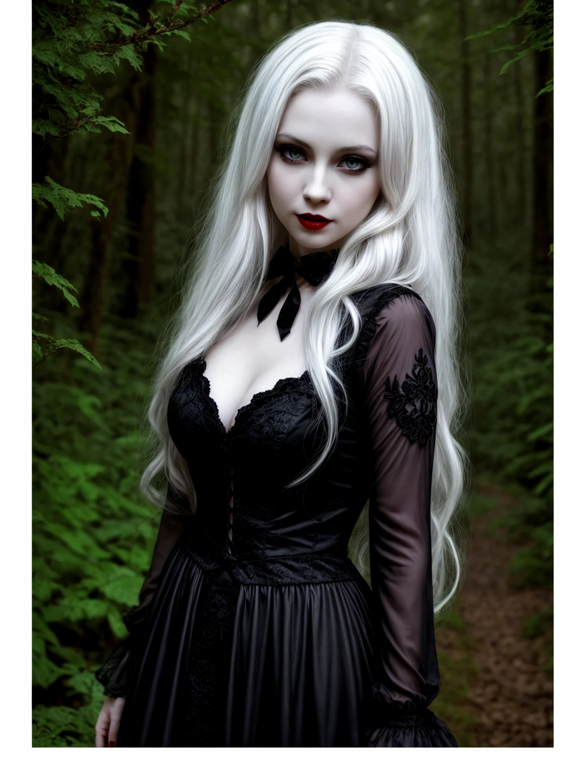 female y vampire|albino, pale porcelain skin, sexintage black dress, smile, shallow depth of field, grin|creepy, nightfall, detailed face, night, wide hips, narrow waist, portrait of woman standing, detailed eyes, portrait of woman standing, 8k RAW photo, highest quality, looking at the viewer, best shadow, intricate details, long hair, bright eyes, forest, grave, gothic, goth detailed, highres, high qualilty, high saturation