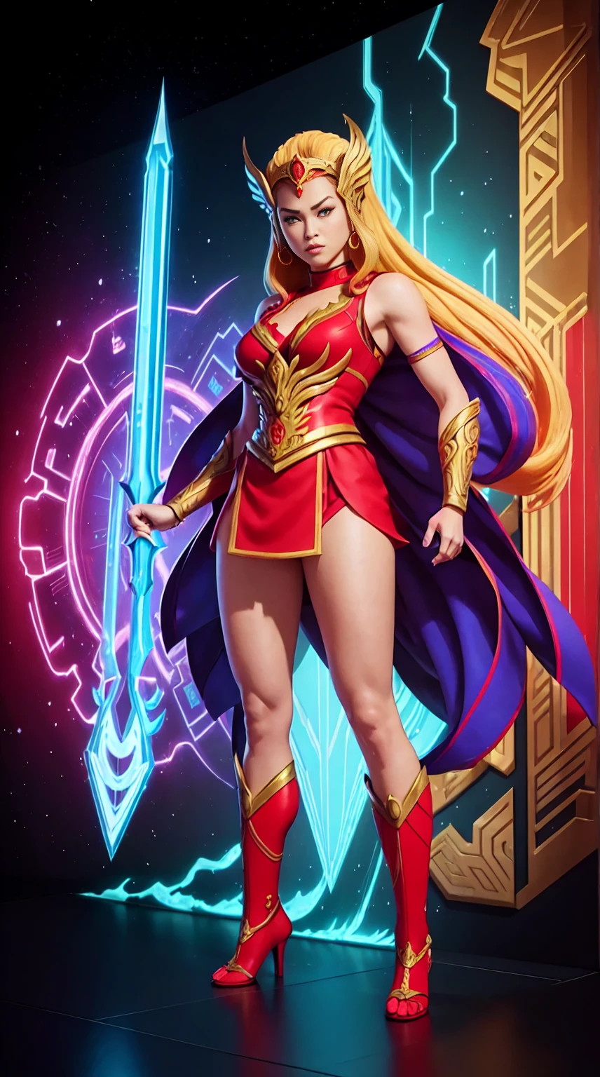 ((Full body photo, standing, feet on the ground))  She-ra, TM Samurai, intricate face details, poster style, icons, vibrant colors, vector style, digital art, 4K, intricate details, mesmerizing, professionally made, beautiful vector illustration, 12K resolution, 3D, all characters in detailed full body, highly detailed, vibrant, ultra high quality, Hyperrealism, Photorealism, octane render]