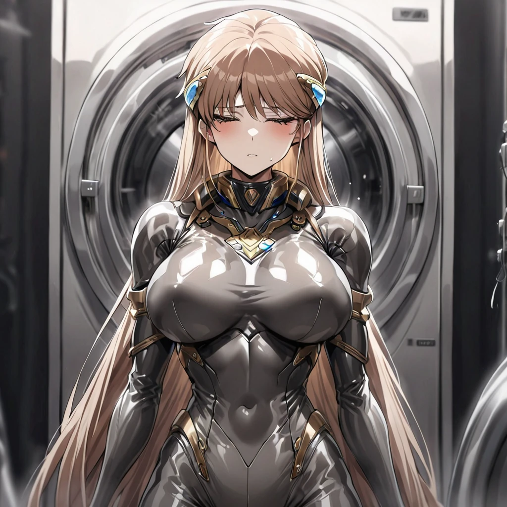 ((Highest quality)), ((masterpiece)), (detailed), (Perfect Face)、The woman is Princess Leona, with light brown, medium-long hair.々He is wearing a shiny body suit connected to various cords and machines, and is inside a brainwashing machine that is bigger than him.々They are connected to a device that is confined and brainwashed and modified.、The transparent hatch of the device is closed and the woman inside is being treated with a brainwashing device.