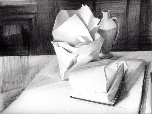 drawing of a vase and a bag on a table, paper sketch, paper drawing, black and white drawing, charcoal, monochrome drawing, fine art sketch, drawn on white parchment paper, graphite drawing, charcoal drawing, charcoal sketch, charcoal line art, light charcoal drawing, charcoal on paper, drawing study, black and white graphite drawing, by Magdalene Bärens