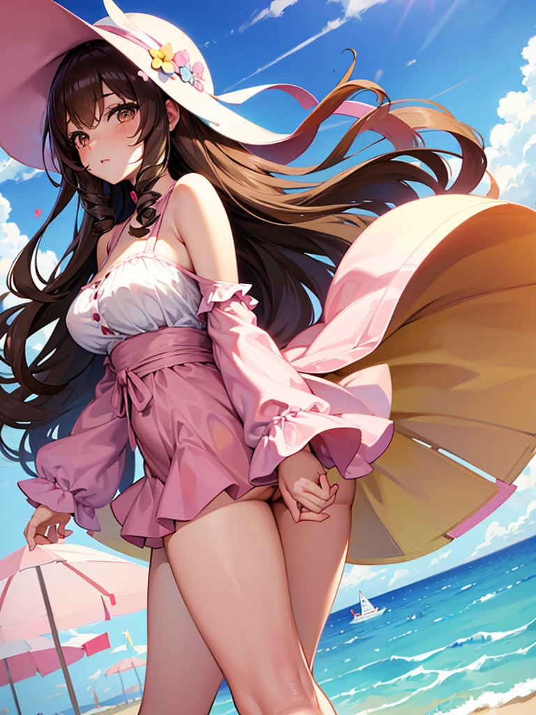 Anime girl, thick and , long curly brown hair with bangs, brown eyes, pastel coquette aesthetic in the beach
