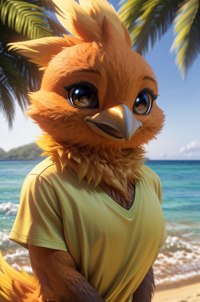 male, bird, Torchic, background, (cinematic lighting:1.1), (perfect focus:1.1), 8k hd, (detailed eyes:1.2),depth of field, bokeh, subsurface scattering, perfect breasts, wide ,((large shirt with a letter written "LWH" )),bright colors, (furry detail:1.3),detailed background, realistic, photorealistic, ultra realistic,(on a beach with a lot of vegetation on an island ),realistic, photorealistic ,smile,(fluffy:1.3), furry, buff, (realistic fur:1.1), (extreme fur detail:1.2),((light orange fur)),(Black pupil, brown eyes,pixar style eyes),Torchic tail,almost humanoid body.