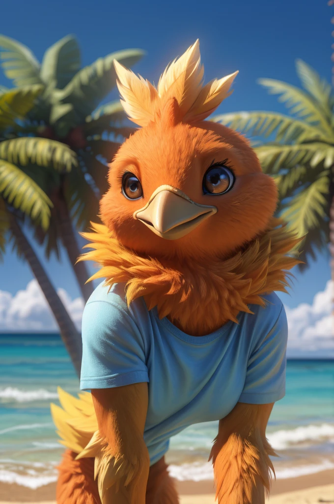 male, bird, Torchic, background, (cinematic lighting:1.1), (perfect focus:1.1), 8k hd, (detailed eyes:1.2),depth of field, bokeh, subsurface scattering, perfect breasts, wide ,((shirt with the name "LWH" on the front and some shots of berano )),bright colors, (furry detail:1.3),detailed background, realistic, photorealistic, ultra realistic,(on a beach with a lot of vegetation on an island ),realistic, photorealistic ,smile cut(fluffy:1.3), furry, buff, (realistic fur:1.1), (extreme fur detail:1.2),((light orange fur)),(Black pupil, brown eyes,pixar style eyes),Torchic tail.