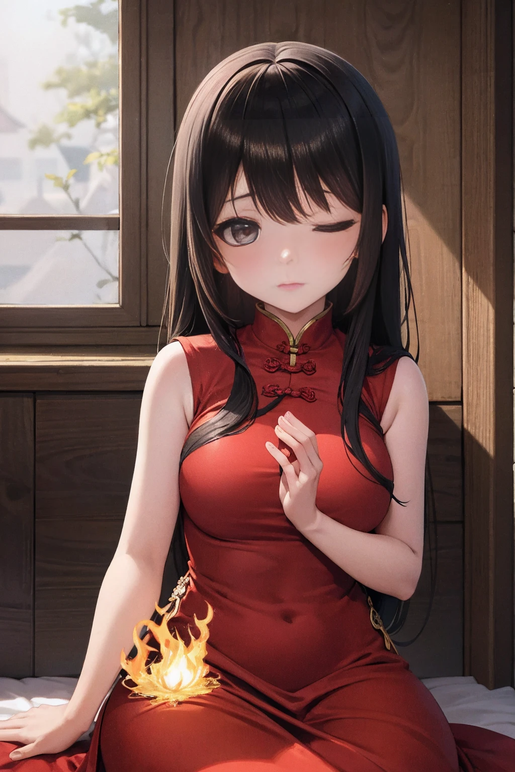 A serene Chinese ancient beauty kneels on a crimson backdrop, her hands pressed together in reverence as she whispers prayers to the heavens. Eyes shut in contemplation, her solemn yet breathtakingly lovely face reflects a deep sense of devotion. The fiery red hue surrounding her amplifies the intensity of her spiritual connection.