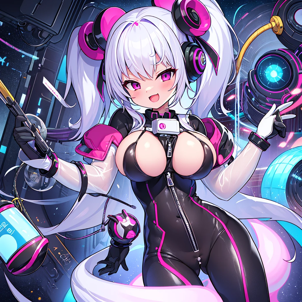 Very detailed、masterpiece、high quality、one high school girl、、change、(Black and white spacesuit、accent)、Front zipper、(Futuristic, Tight-fitting bodysuit)、headphone、Cyberpunk space station interior background、(Colorful purple hair),ロングTwin tails, (Pink Eyes), change,Twin tails,sassy change,cheey change,mesugaki,girl,天才girl、(Large Breasts):1.0,(blush):1.1、Hello、NSFW,pussy juice