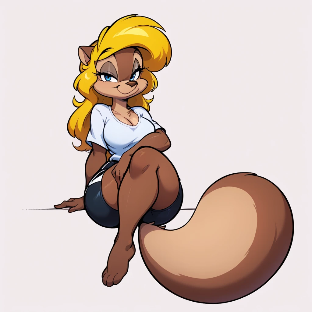 score_9, score_8_up, score_7_up, score_6_up, score_5_up, score_4_up, (Source furry),  1girl, solo, , looking at viewer, smile, blue eyes, simple background, shirt, white background, animal ears, , , closed mouth, sitting down on crossed legs, tail, full thick body, barefoot, furry, sitting down on a Seazi pose, black swimming shorts, has thick thighs, white shirt, animal nose, snout, amy squirrel , blonde hair, long hair, two tone fur, brown fur, furry female, body fur 