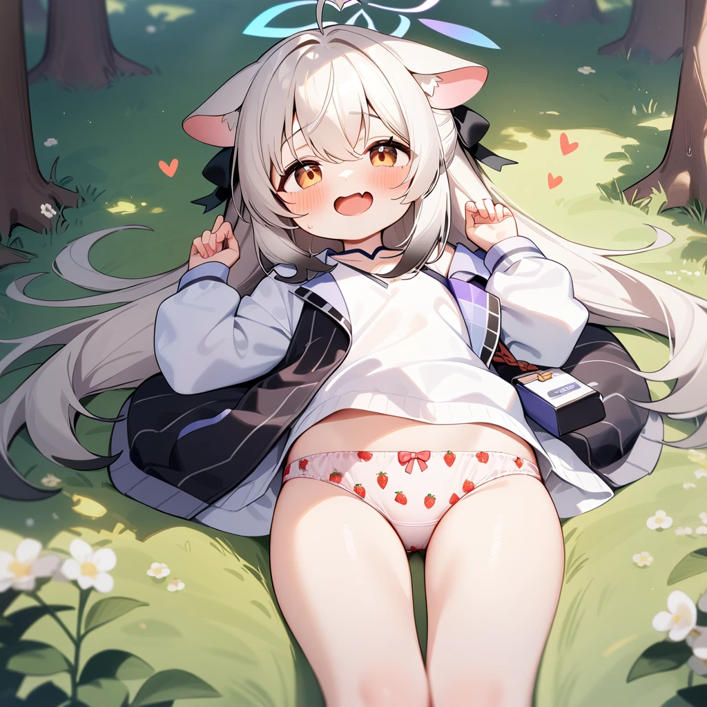 (masterpiece:1.2,high quality),8K,High resolution,A seven-year-old girl,cute girl,Sunohara Kokona(blue archive),white hair,long hair,light brown eyes,,cat ears,halo,heart ahoge,laughing,skin fang,saliva,Wear a white hoodie,no shorts,Strawberry pattern panties,Bows on panties,Lying in the forest,There are flowering trees on both sides,primary school student,thigh,Calf,white socks,alone,(Put your hands in your pockets)