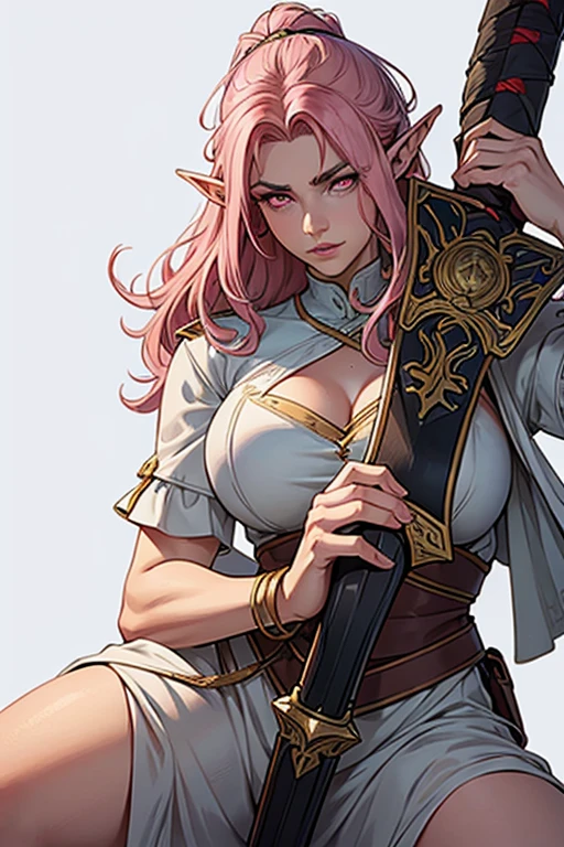 (Artwork),(best quality:1.1),(ultra-detailed),best illustration,fine details,(portrait:1.1),(intense FULL BODY close-up),watercolor drawing)floating,1 elf girl, Alone, 18 years old, voluptuous, (extremely delicate and beautiful face), (detailed pink eyes), thick pink lips, (disheveled hair) female elf, huge breasts, (wearing a short white tunic), soft and lazy, (simple background :1.2) full colored background, closeup of full body holding a sharp sword with a look of fury jumping from a window, second floor, scattered pieces of glass, detail on facial expression and pieces of glass in the air, action scene,, of course .4K