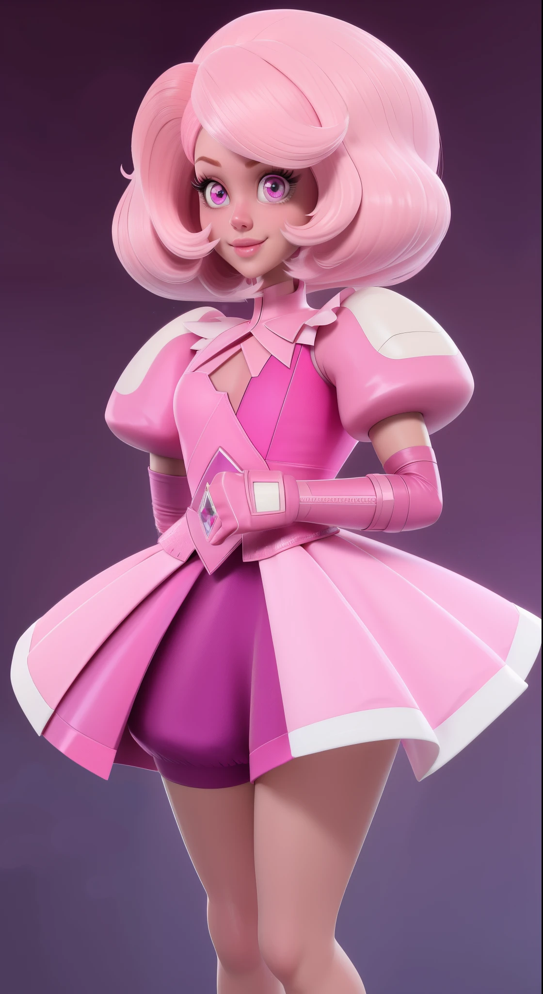 pnkdamond, pink hair, pink eyes, long hair, stomach gem, pink skin, toned,
puffy short sleeves, elbow gloves , white thighs, Puffy dress,
standing, Upper part of the body,
outer space,
(incredibly detailed, beautiful detailed face,Beautiful detailed eyes, Masterpiece, Best Quality) cinematic lighting, SMILE,