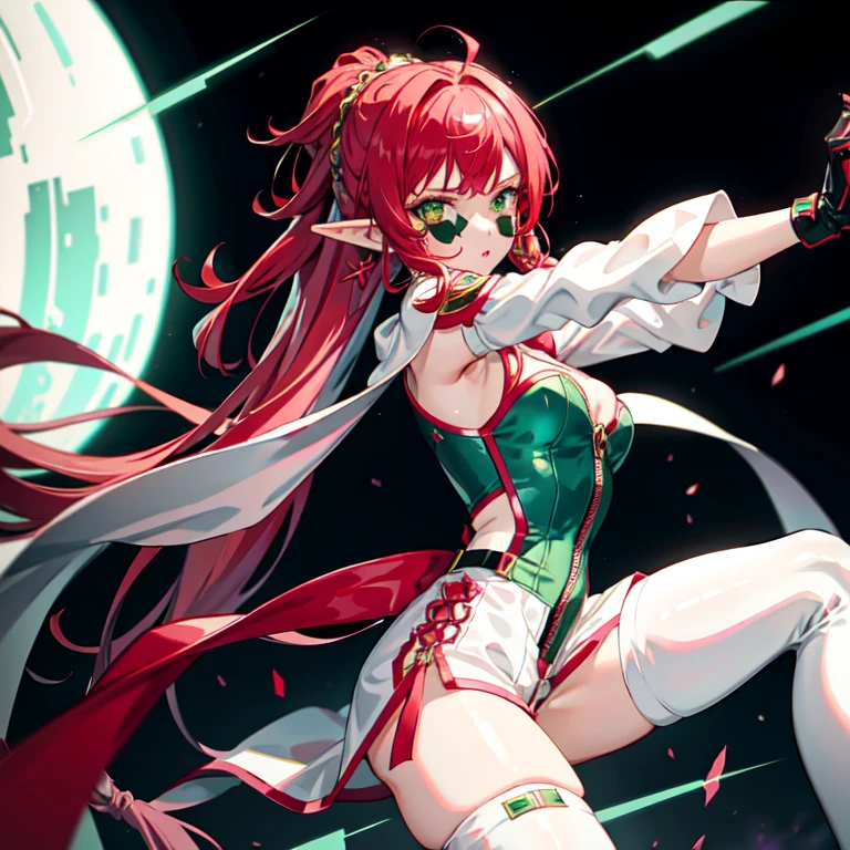 a girl,Elf,long red hair,green eyes,melancholy,earrings,Fashionable clothing,Cyberpunk style,White and pink sleeveless bodysuit,Super detailed zipper,pink arm sleeves,white shorts,black knee socks,White booties,dynamic poses,sci-fi landscape,best picture
