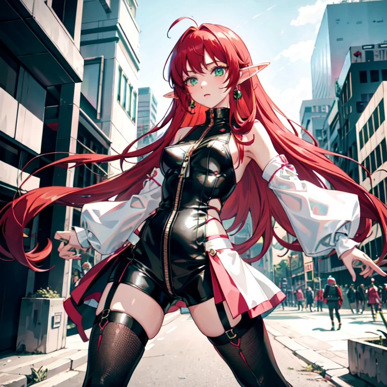 a girl,Elf,long red hair,green eyes,melancholy,earrings,Fashionable clothing,Cyberpunk style,White and pink sleeveless bodysuit,Super detailed zipper,pink arm sleeves,white shorts,black knee socks,White booties,dynamic poses,sci-fi landscape,best picture