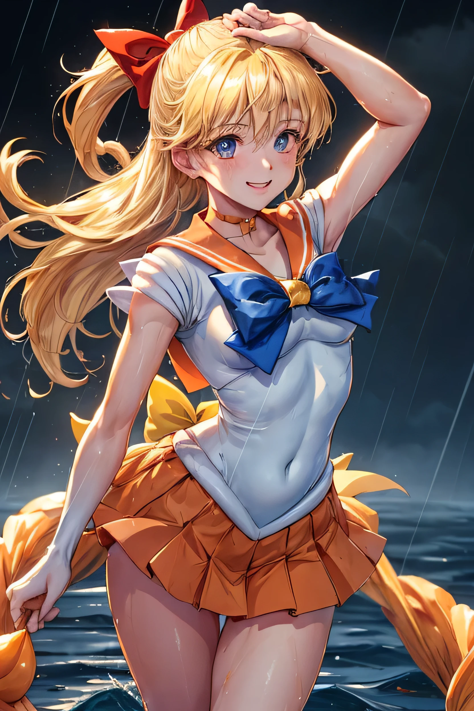 ((Super detailed)), (Highest quality), ((masterpiece)), ((Very exciting)), ((8K)), ((1080P)), ((Very clear)), ((Very sophisticated)),((Natural light)), ((Depth of written boundary)), ((Glowing Skin)), ((Sailor Warrior Uniforms)), ((Orange Skirt)), ((Sailor Venus)), (3d)), ((Perfect Anatomy)), (Realistic skin texture), ((Detailed face description)), ((Anime illustration)), ((Anime quality)), ((Anime quality eyes)), ((Bright colors)), (((alone))), ((girl)), (Narrow waist), ((blue sky), (rain雲)), (grinned), (Blonde), (Hair above the eyes)), ((Are standing)), (Wet服), sv1, Elbow hand pockets, tiara, Pleated skirt, mini skirt, Red Bow, Orange Choker, White gloves, jewelry, Starry Sky, smile, Portraiture, floating, ーThrough, Wet, Contorting the mouth, (running:1.2), Put your arms on top of your head, Looking into the distance, Looking to the future, avert your eyes, Black Hair,cute顔, cute, Small face,(rain),1人のgirl, alone,