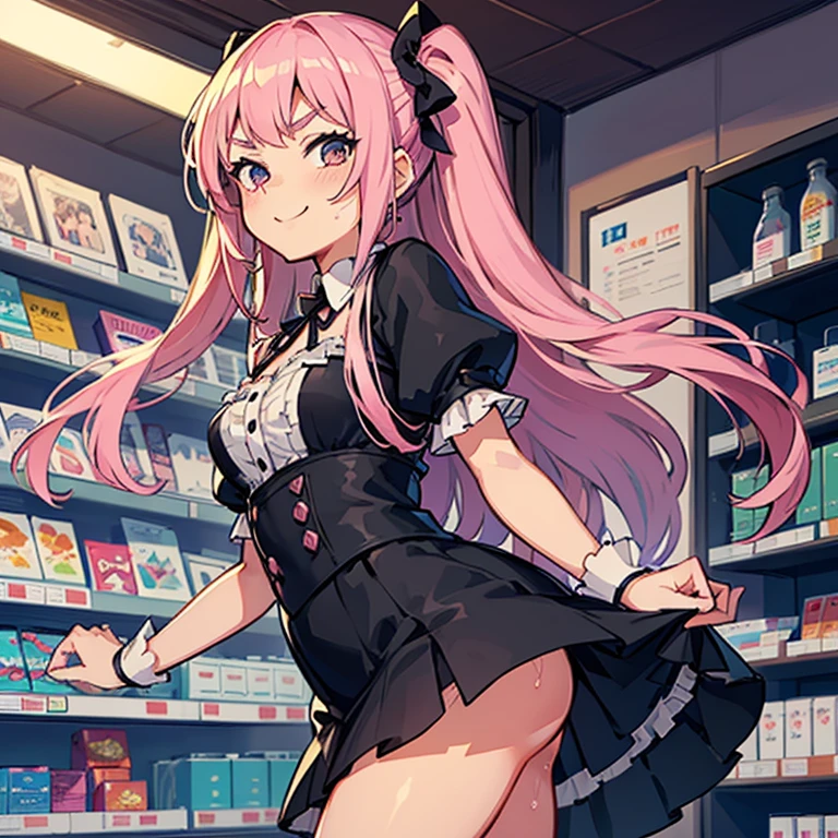 Girl with pink hair, long double-tailed hairstyle, small bushy eyebrows, wearing gothic ta clothing, loli(Zankuro) drawing style by zankuro artist, Zancrow style, image uploaded in R34, buying condoms, flirty smile, in a pharmacy lifting her skirt to show her vagina wet with semen