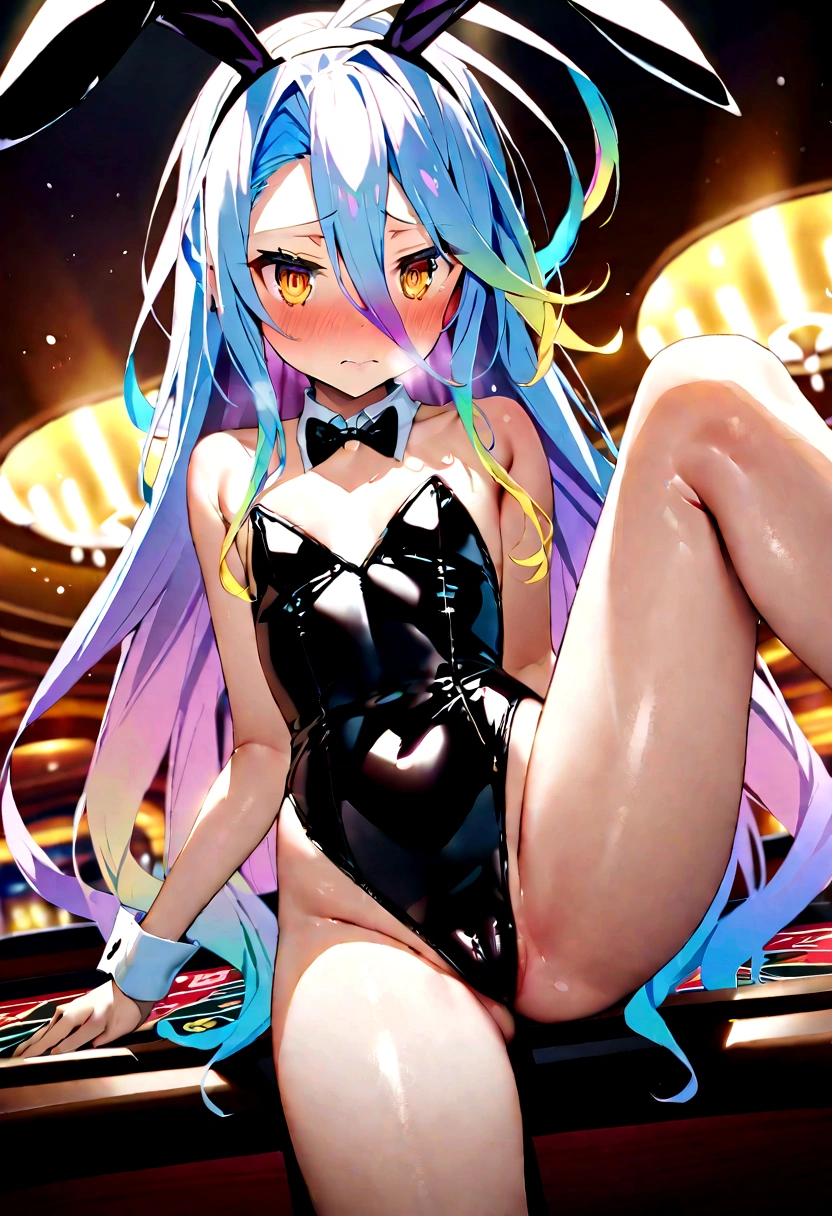 NSFW,masterpiece,Highest quality,High resolution,Super detailed,Shiro \(no game No life\),Long Hair,Multicolored Hair,Hair between the eyes,Gradient Hair,Yellow Eyes,Flat Chest,Bunny ears,Playboy Bunny,casino,Embarrassed,blush,Leg spread
