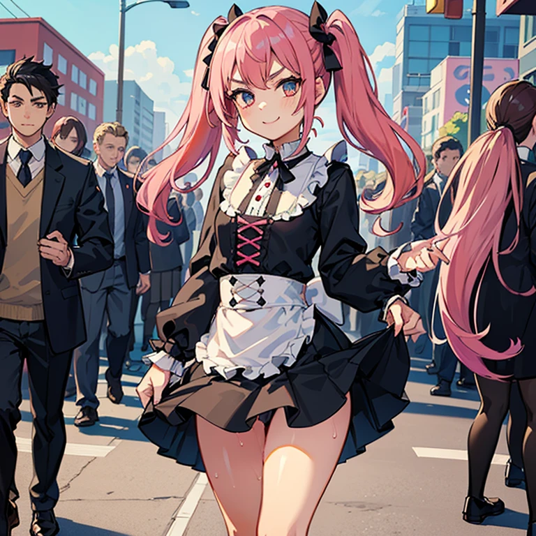 Girl with pink hair, long twin-tail hairstyle, small bushy eyebrows, dressed in gothic lolita clothes, lolicon (Zankuro) drawing style by zankuro artist, Zancrow style, image uploaded to R34, walking to school, flirty smile, lifting her skirt to show her vagina wet with semen, standing in the middle of a crowd