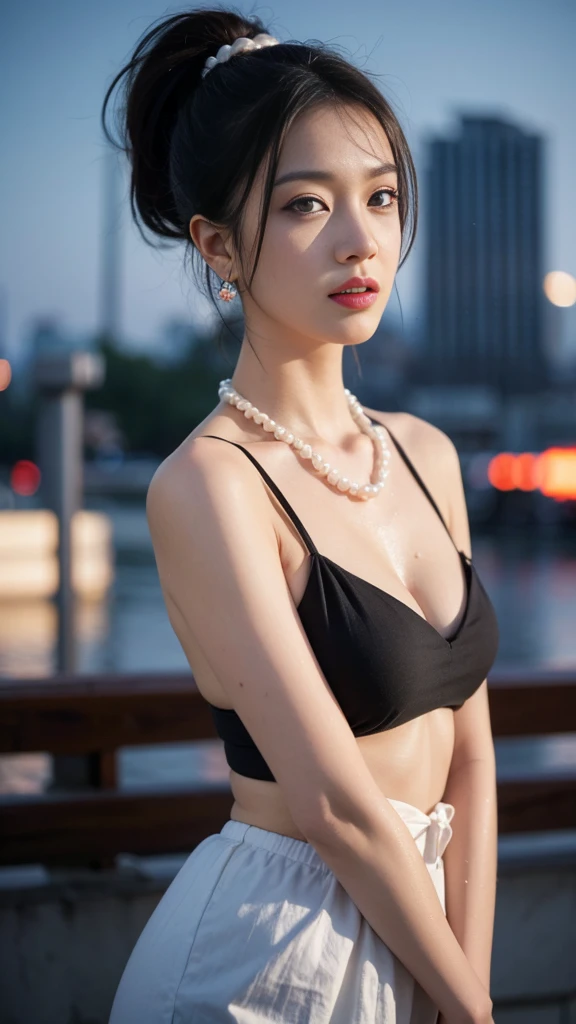 From the side, hip up,((Adilynn)), sideways pose, random posture, night time, (An extremely delicate and beautiful work), (masterpiece), 1 girl, streetwear, very detailed, twisted ponytail, attractive expression, huge breasts, beautiful and clear eyes, blue eye pupil, delicate pearl necklace, delicate earrings, simple blurred background, extreme details, beautiful, attractive, Ultra-fine painting, delicate face, delicate figure, thin clavicle, nice lips, soft back, mix 4,(8k, RAW photo, highest quality, masterpiece:1.2), (realistic, photo-realistic:1.37),1 girl,cute,cityscape, night, rain, Wet, professional lighting, photon mapping, radio city, Physically based rendering, above the waist,