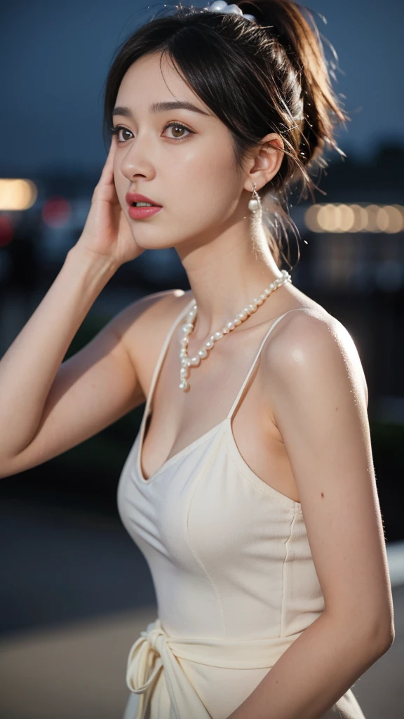 From the side, hip up,((Adilynn)), sideways pose, random posture, night time, (An extremely delicate and beautiful work), (masterpiece), 1 girl, streetwear, very detailed, twisted ponytail, attractive expression, huge breasts, beautiful and clear eyes, blue eye pupil, delicate pearl necklace, delicate earrings, simple blurred background, extreme details, beautiful, attractive, Ultra-fine painting, delicate face, delicate figure, thin clavicle, nice lips, soft back, mix 4,(8k, RAW photo, highest quality, masterpiece:1.2), (realistic, photo-realistic:1.37),1 girl,cute,cityscape, night, rain, Wet, professional lighting, photon mapping, radio city, Physically based rendering, above the waist,