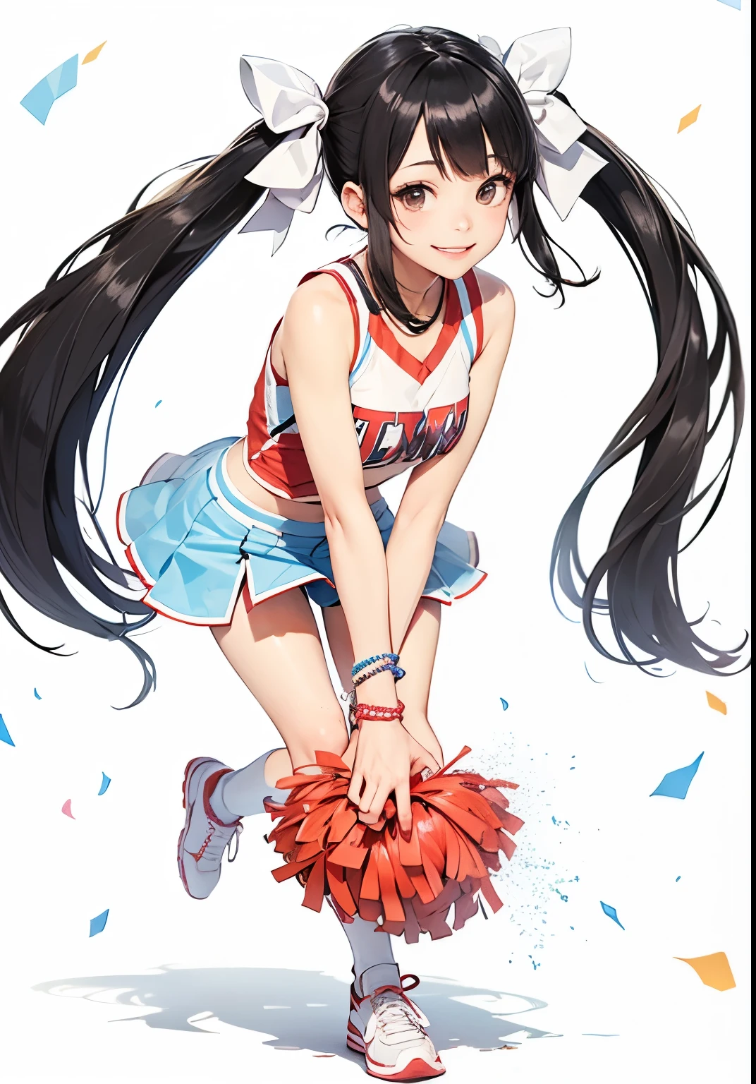 Black hair in twin tails, cheerleading, big ribbon, friendship bracelet, baseball field in the background, facing the viewer, gentle smile, dynamic movement