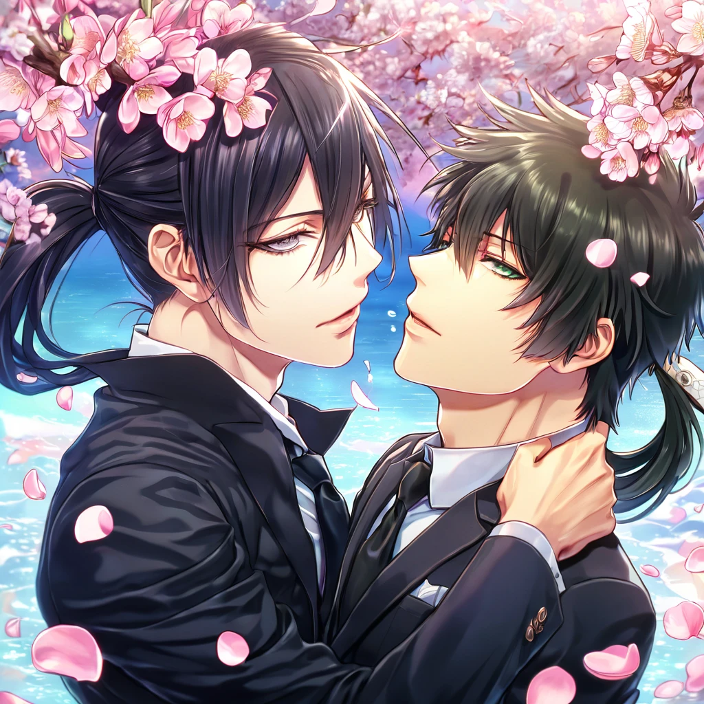 Ultra detailed, highres, absurdres, HDR, master piece, Ginoza Nobuchika, black hair with bangs tied in a low ponytail, expressivee green eyes, Kougami Shinya, black hair, expressive grey eyes, Psycho Pass, fantasy, pink petals, water, pink flowers, handsome, two sexy man together, gay couple, yaoi, magical, best quality, blossoms, blue shining fireflies, black necktie, black jacket, love