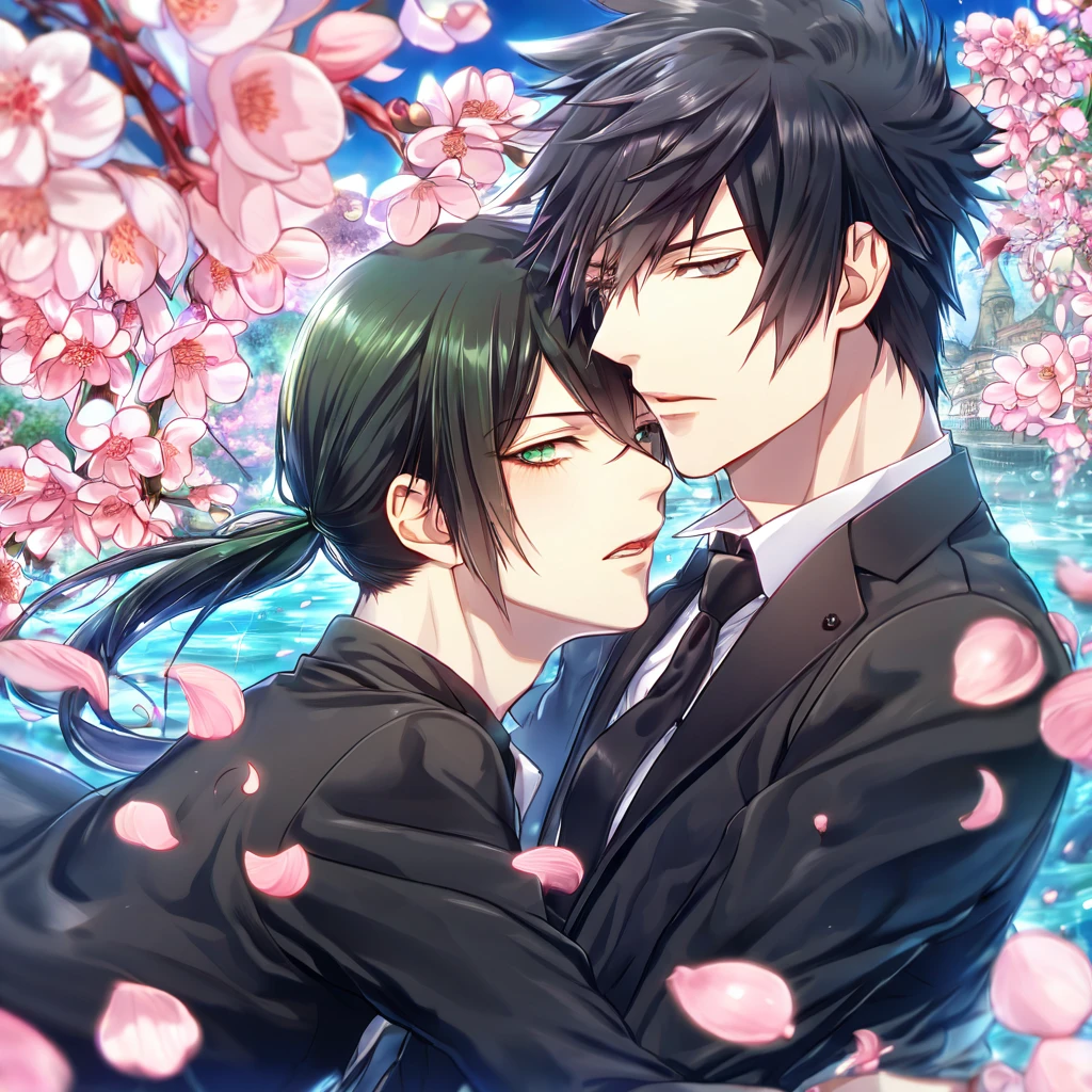 Ultra detailed, highres, absurdres, HDR, master piece, Ginoza Nobuchika, black hair with bangs tied in a low ponytail, expressivee green eyes, Kougami Shinya, black hair, expressive grey eyes, Psycho Pass, fantasy, pink petals, water, pink flowers, handsome, two sexy man together, gay couple, yaoi, magical, best quality, blossoms, blue shining fireflies, black necktie, black jacket, love