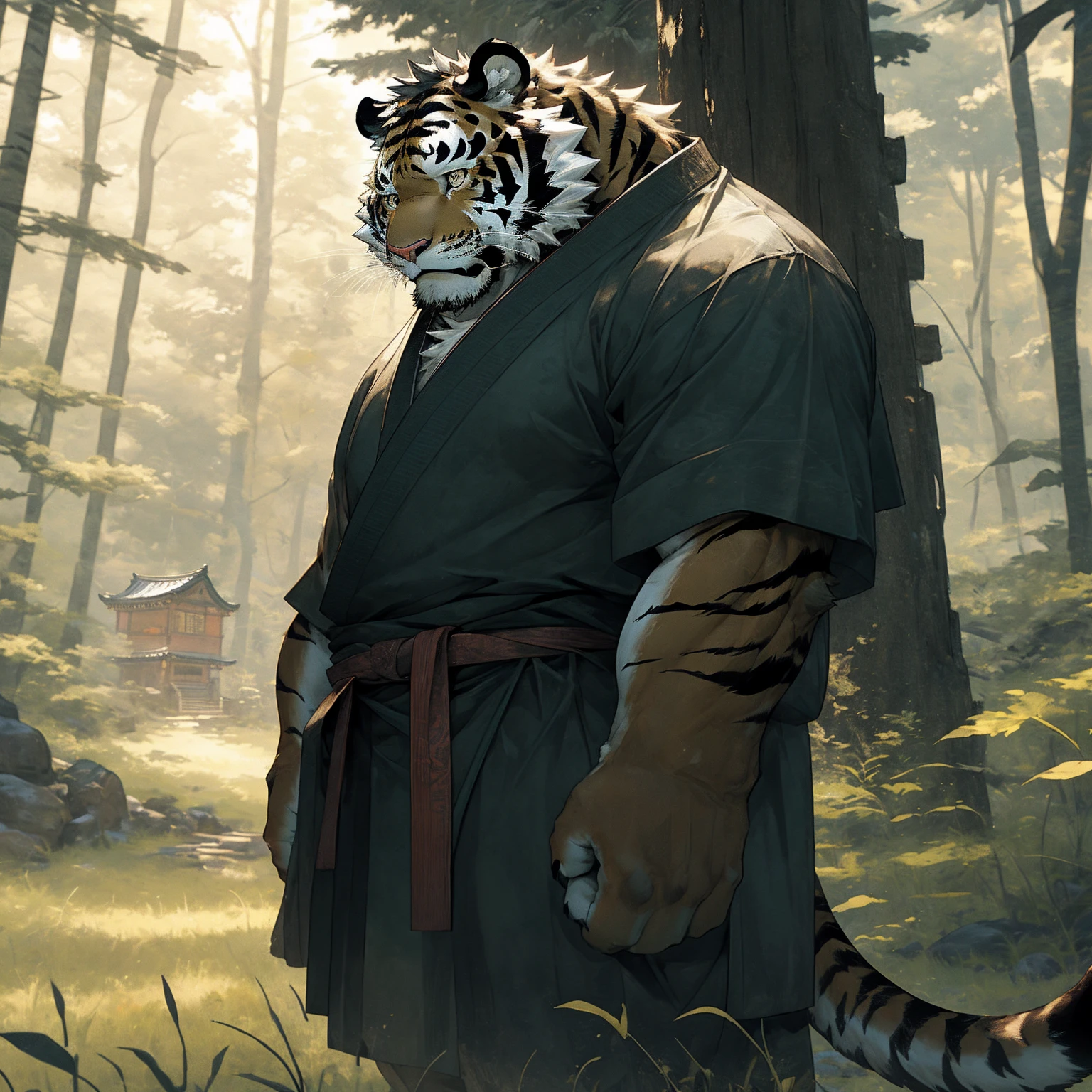 In the dense forest, the cursed black tiger with black fur is naked from the waist up, living in seclusion in the forest. Standing next to the isolated grass house, he is practicing Kung Fu and looking into the distance. The mature, deep, and experienced black tiger with black fur